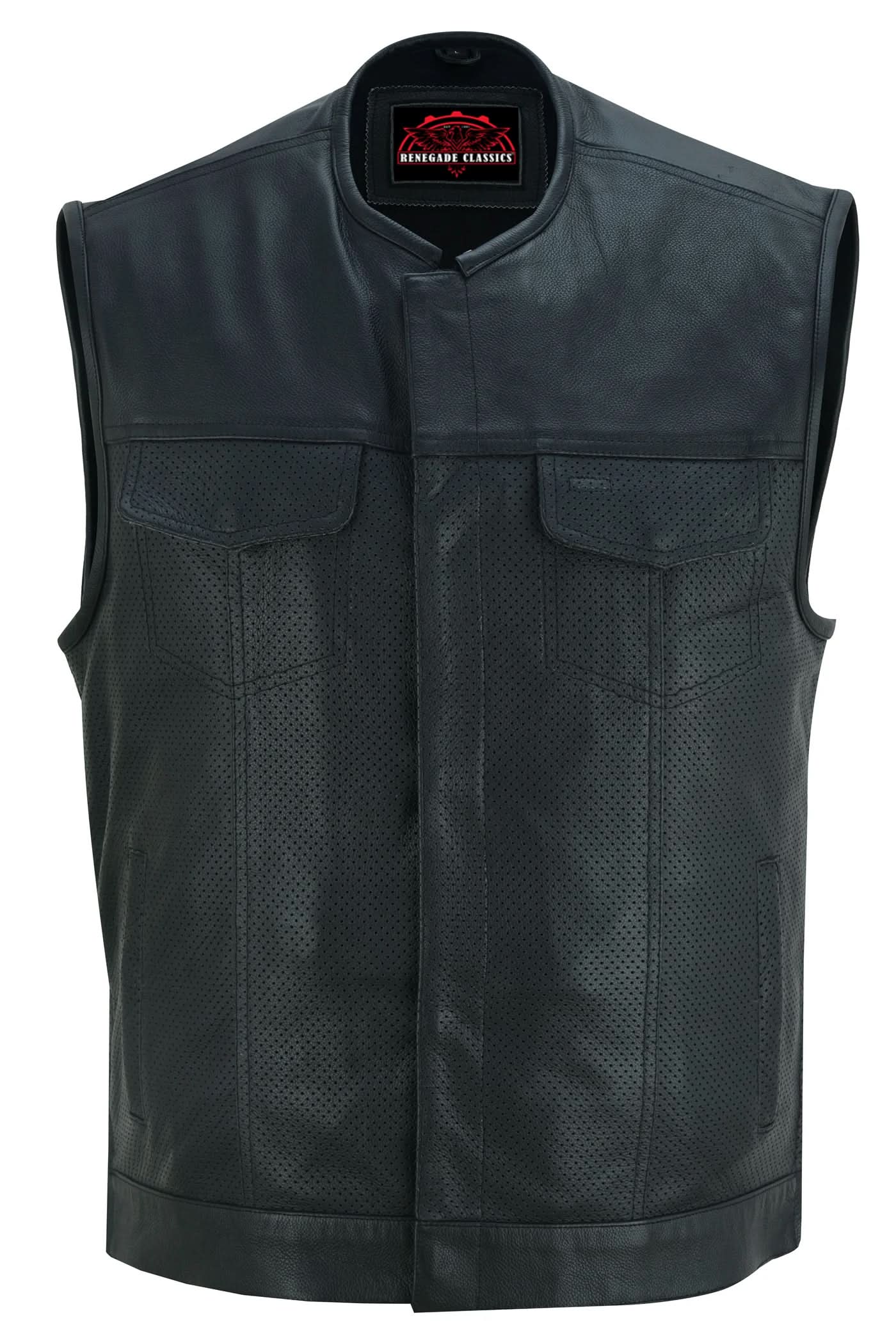 Men's Collarless Perforated Leather Vest - Black