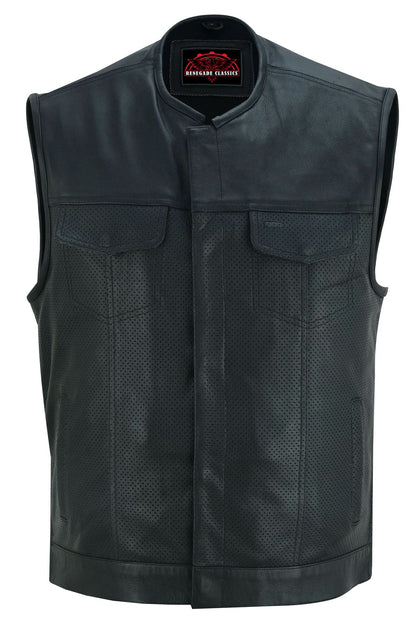 Men's Collarless Perforated Leather Vest - Black