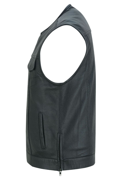 Men's Collarless Perforated Leather Vest - Black