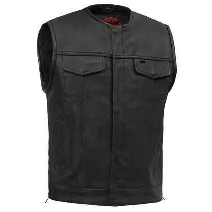Men's Collarless Perforated Leather Vest - Black