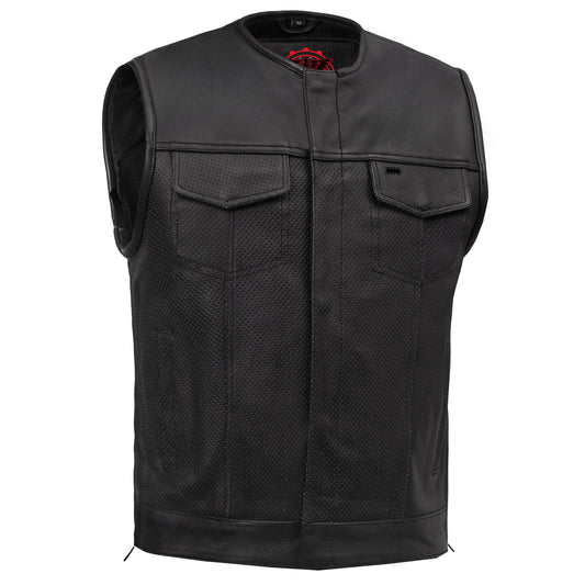 Men's Collarless Perforated Leather Vest - Black