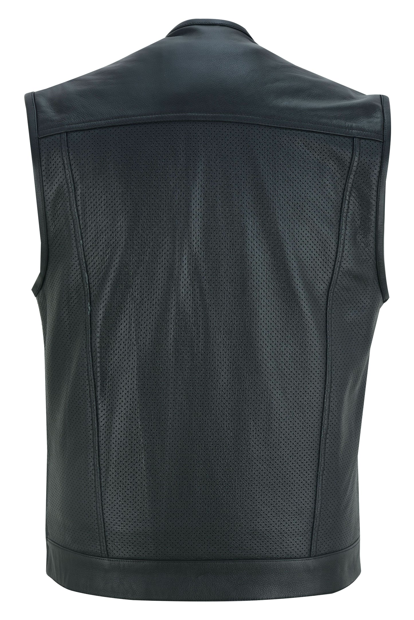 Men's Collarless Perforated Leather Vest - Black