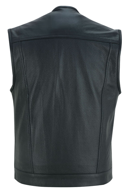 Men's Collarless Perforated Leather Vest - Black