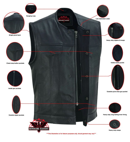 Men's Collarless Perforated Leather Vest - Black