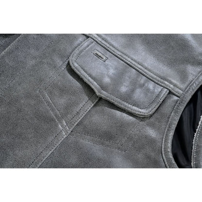 Men's Distressed Gray Cowhide Leather  Motorcycle Vest