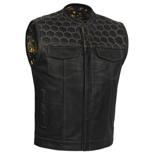 Men's Gold Rush Black Leather Vest - Yellow Stitching
