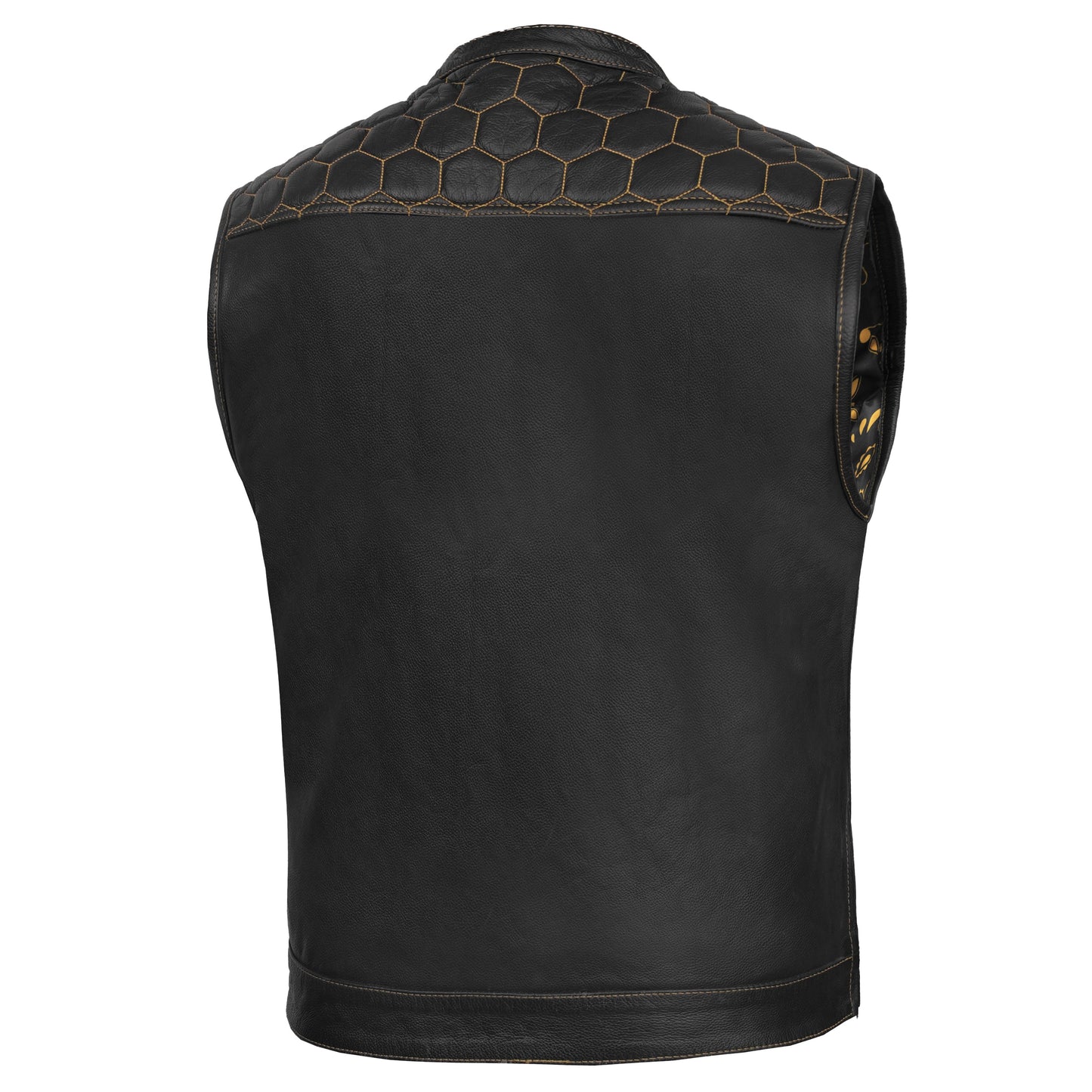 Men's Gold Rush Black Leather Vest - Yellow Stitching
