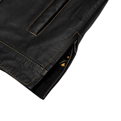 Men's Gold Rush Black Leather Vest - Yellow Stitching
