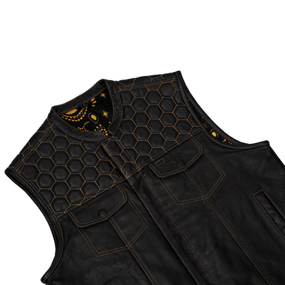 Men's Gold Rush Black Leather Vest - Yellow Stitching
