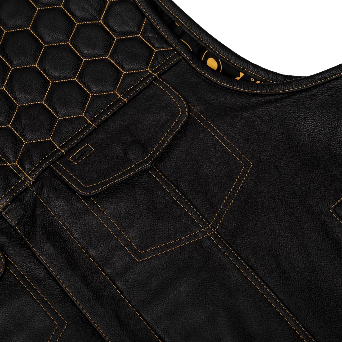 Men's Gold Rush Black Leather Vest - Yellow Stitching