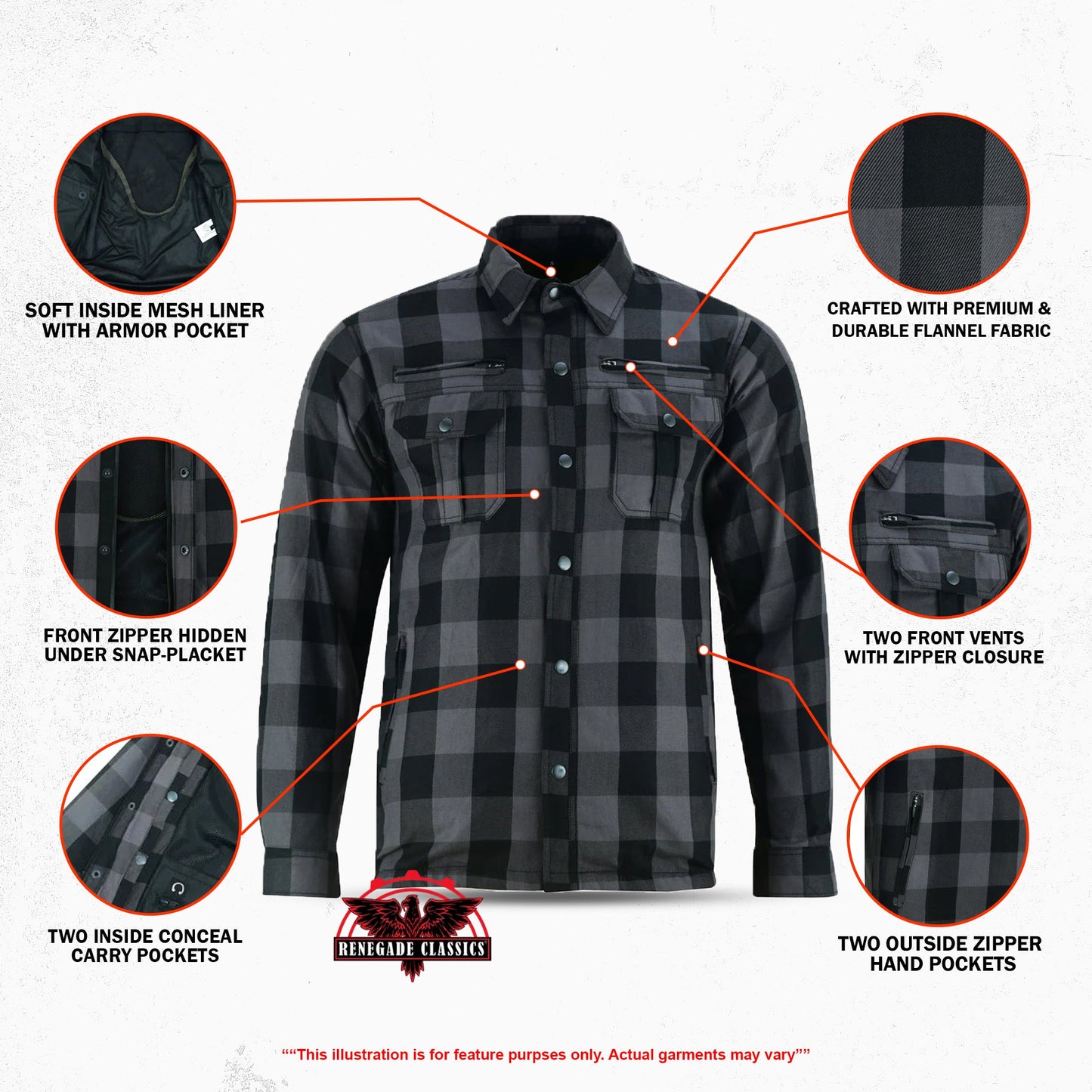 Alpha Check Men's  Armored Motorcycle Flannel Shirt - Gray/Black