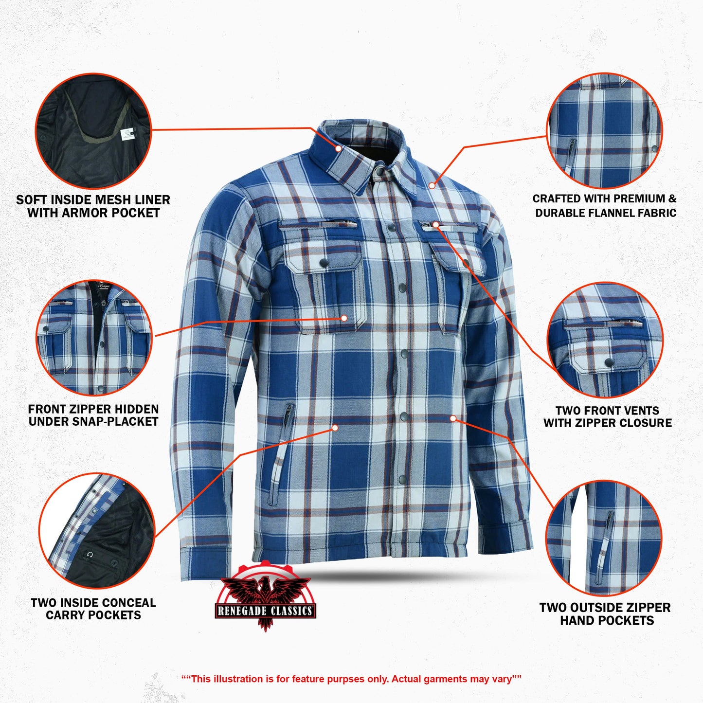 Alpha Check Men's  Armored Motorcycle Flannel Shirt - Blue/White/Maroon
