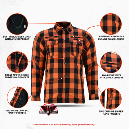 Alpha Check  Men's  Armored Motorcycle Flannel Shirt - Orange