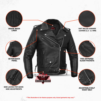Men's Classic Side Lace Police Black Leather Motorcycle Jacket