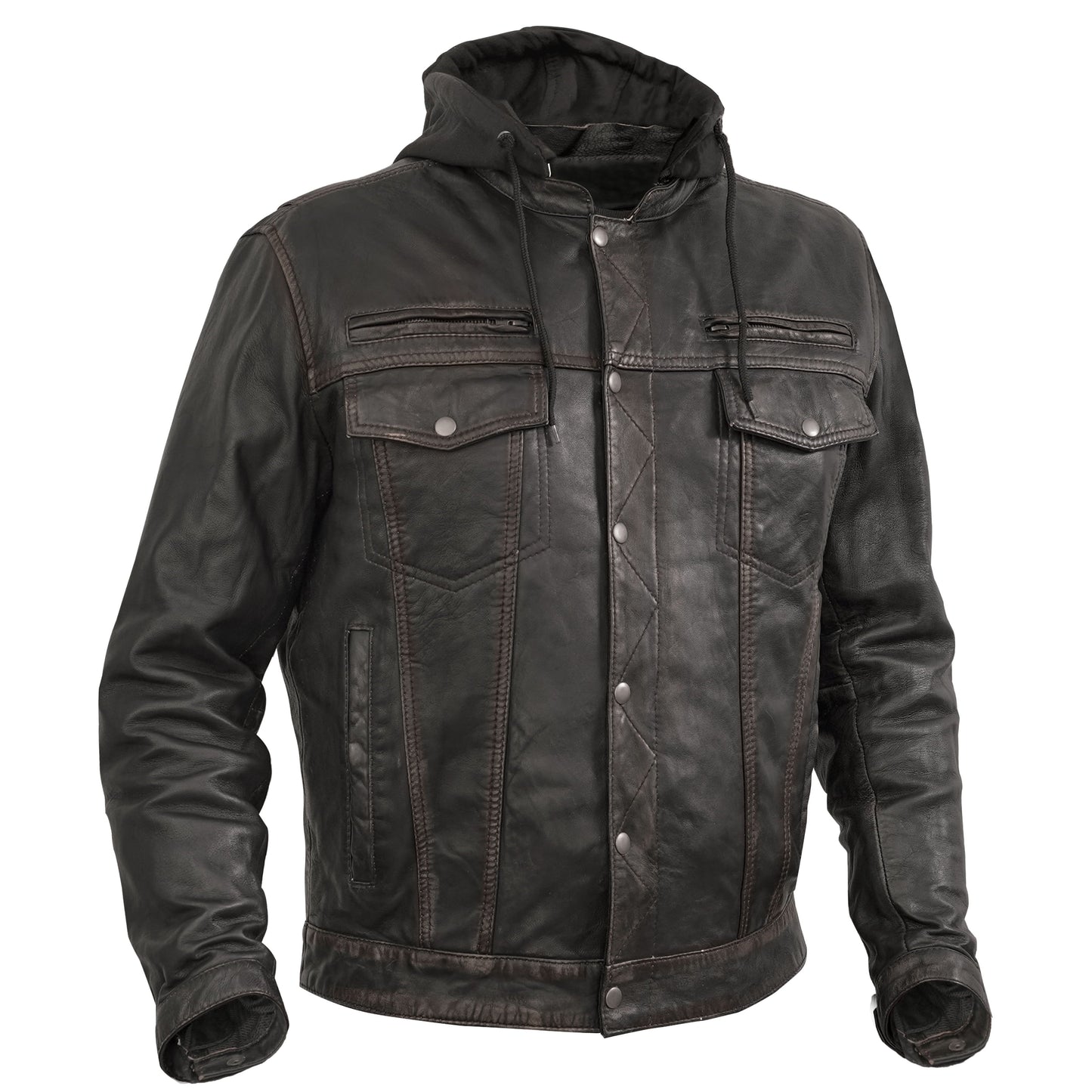 Men's Black Lightweight Drum Dyed  Distressed Lambskin Jacket with Removable Hoodie