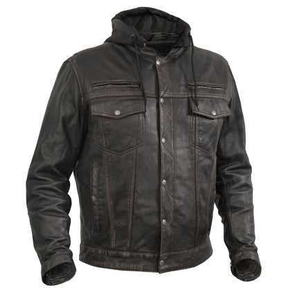 Men's Black Lightweight Drum Dyed  Distressed Lambskin Jacket with Removable Hoodie