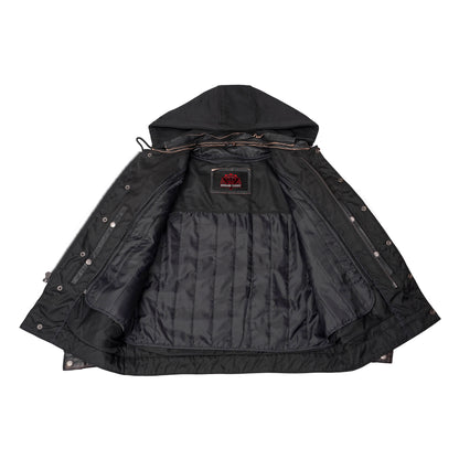 Men's Black Lightweight Drum Dyed  Distressed Lambskin Jacket with Removable Hoodie