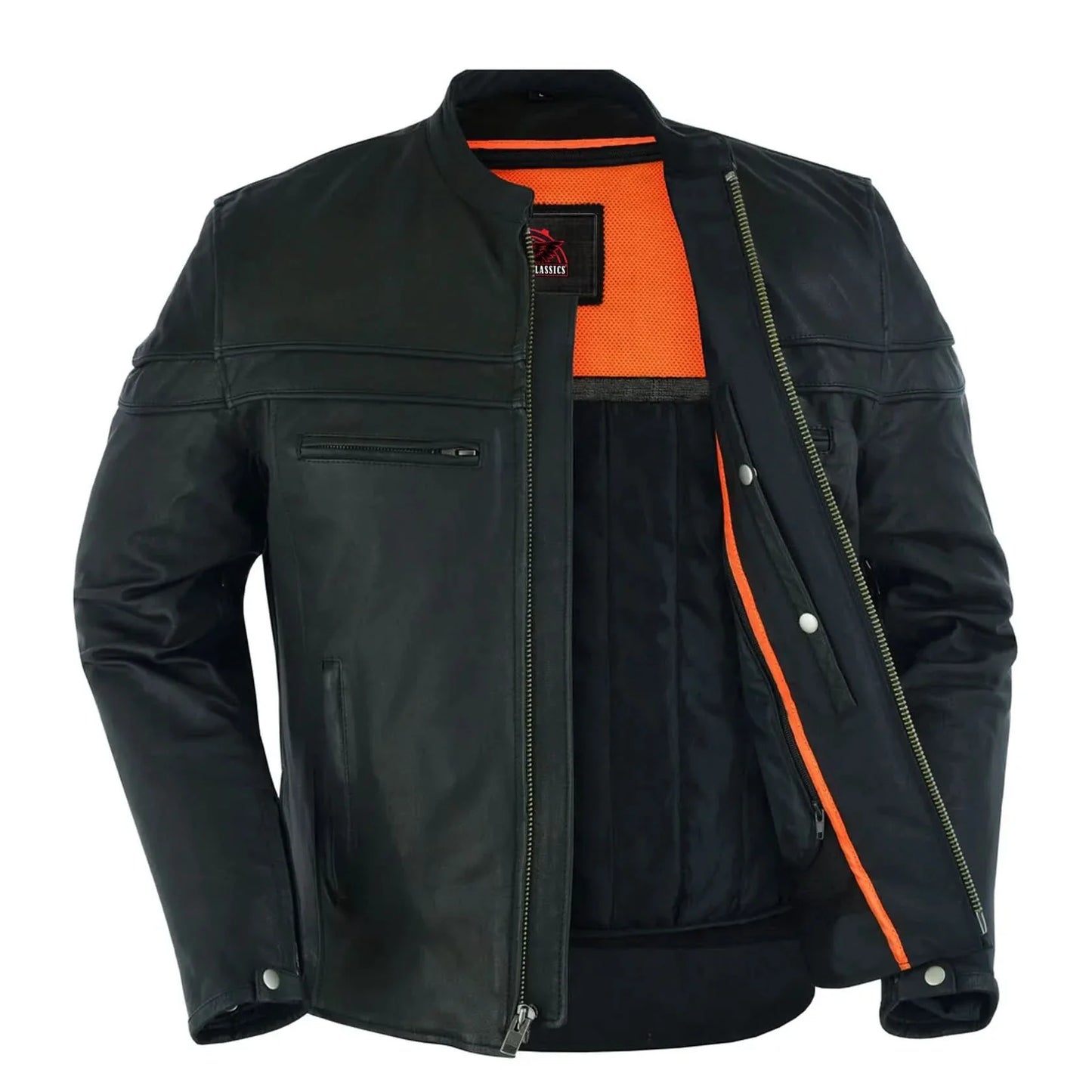 Men's Sporty Lightweight Black Leather Cross Over Jacket