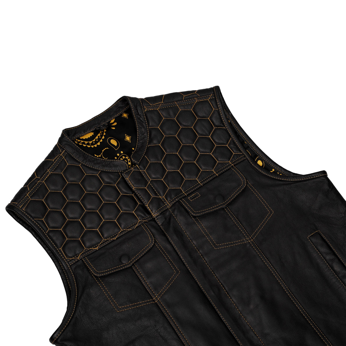 Men's Gold Rush Black Leather Vest - Yellow Stitching - view 8