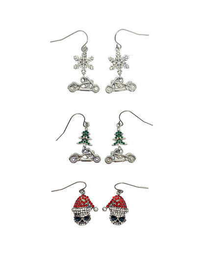SK2706 Ladies Holiday Earrings Christmas Tree with Motorcycle