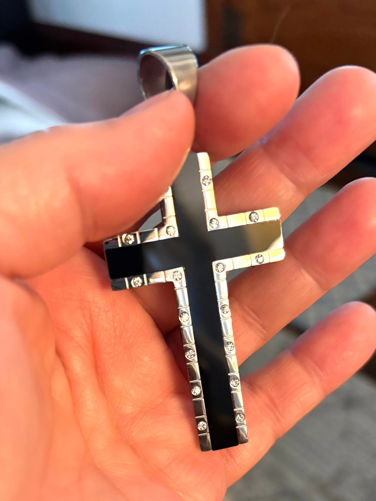 SK1572 2.5" Onyx Inlay Cross With 5 Millimeter Byzantine Necklace 24" Stainless Steel Religious Jewelry