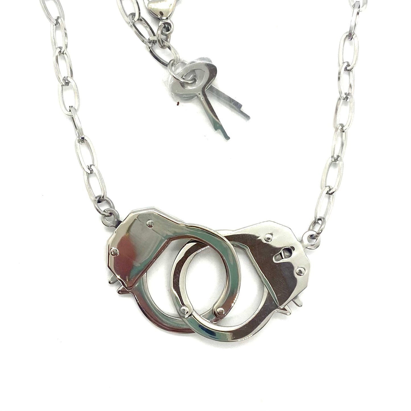 SK1457 Ladies Handcuff Necklace 19" Real Working Cuffs Stainless Steel Motorcycle Jewelry