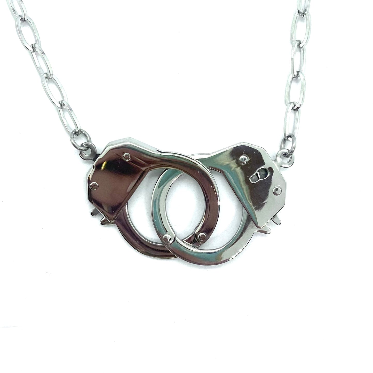 SK1457 Ladies Handcuff Necklace 19" Real Working Cuffs Stainless Steel Motorcycle Jewelry