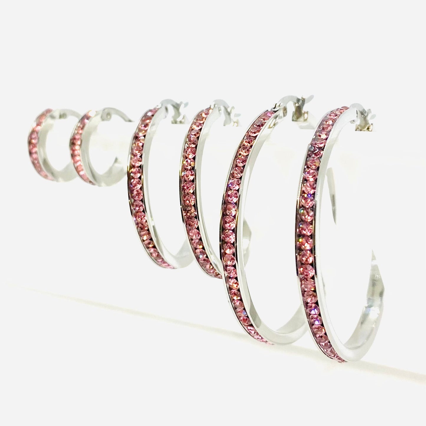 SK2904 Ladies Pink Crystal Earrings - Three Sizes Available