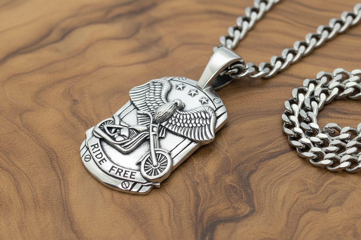 SK6100 Ride Free Motorcycle Eagle Pendant with 24" cuban link chain. High quality 316L Stainless Steel