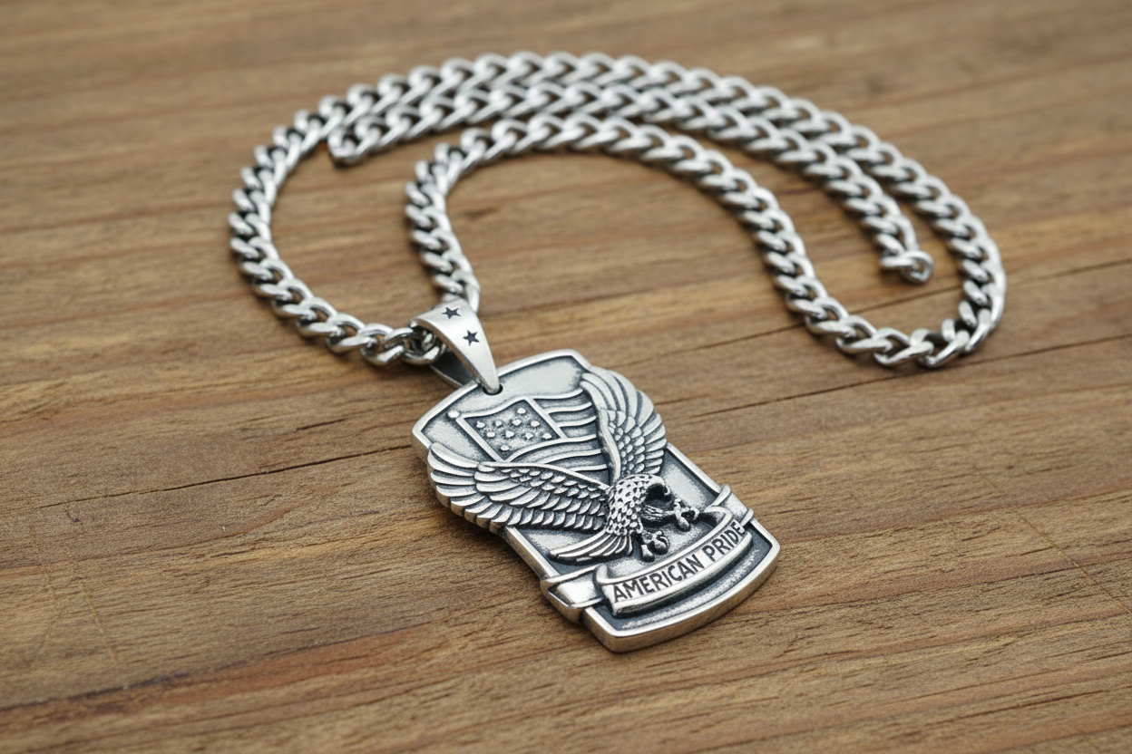 SK6200 American Pride Flag Eagle Pendant with 24" cuban link chain. High quality 316L Stainless Steel