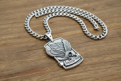 SK6200 American Pride Flag Eagle Pendant with 24" cuban link chain. High quality 316L Stainless Steel