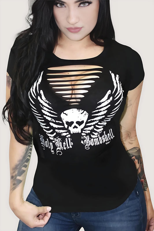 Holy Hell Bombshell Skull Wings Biker Slash Tee