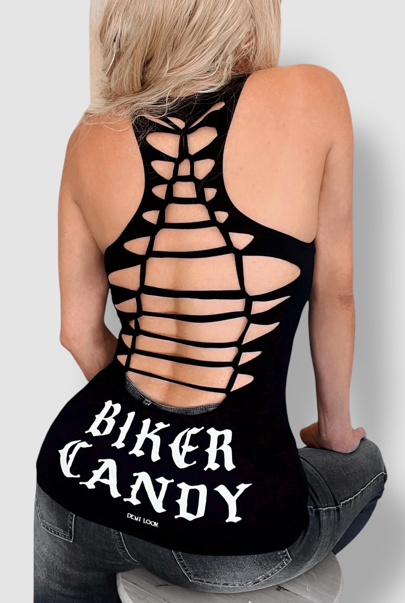 Biker Candy Graphic Back Racerback Sexy Slashed Biker Festival Tank