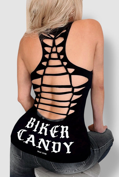 Biker Candy Graphic Back Racerback Sexy Slashed Biker Festival Tank