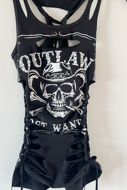 Outlaw Skull Graphic Motorcycle Sexy Biker Cowgirl Festival Slashed Tank Top