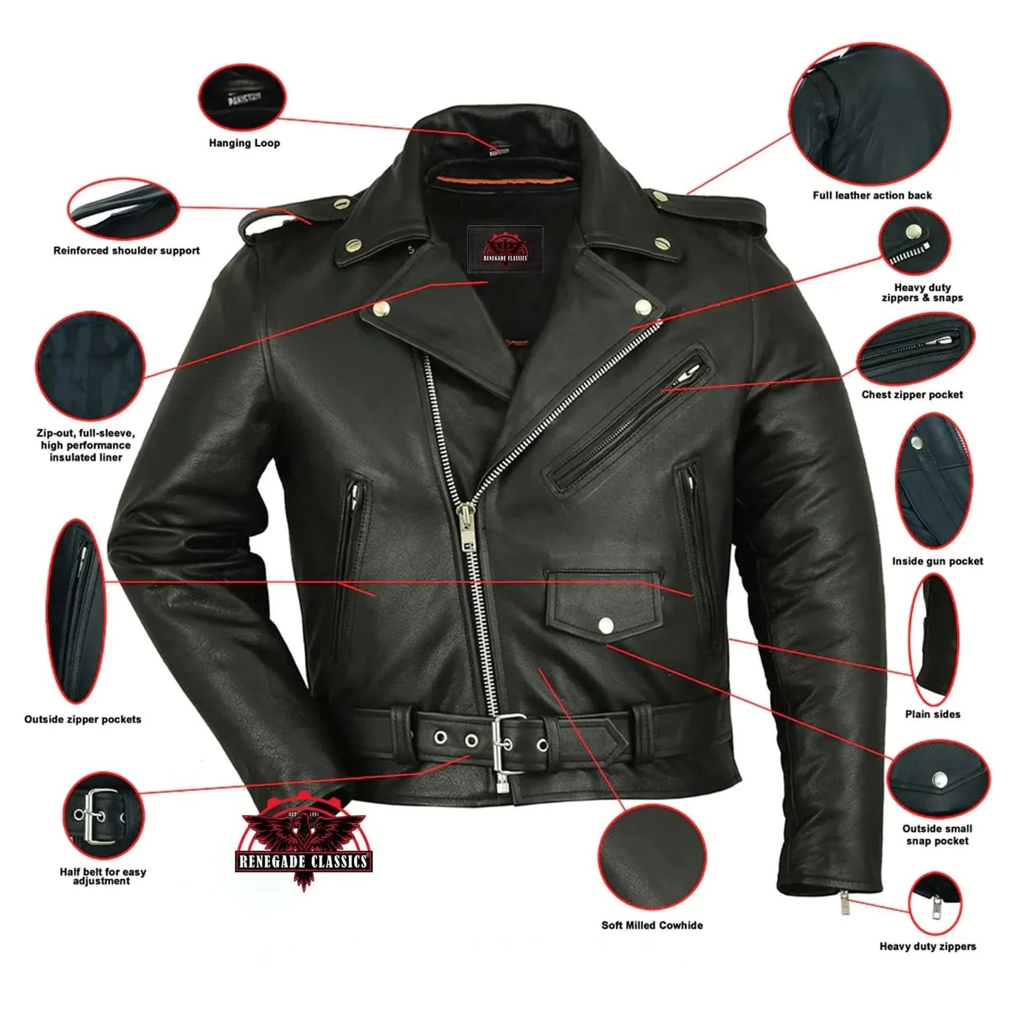 Men's Classic Plain Side Police Style Motorcycle Jacket - Black