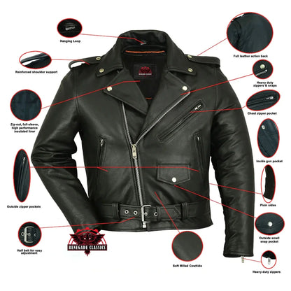 Men's Classic Plain Side Police Style Motorcycle Jacket - Black