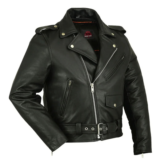 Men's Classic Plain Side Police Style Motorcycle Jacket - Black