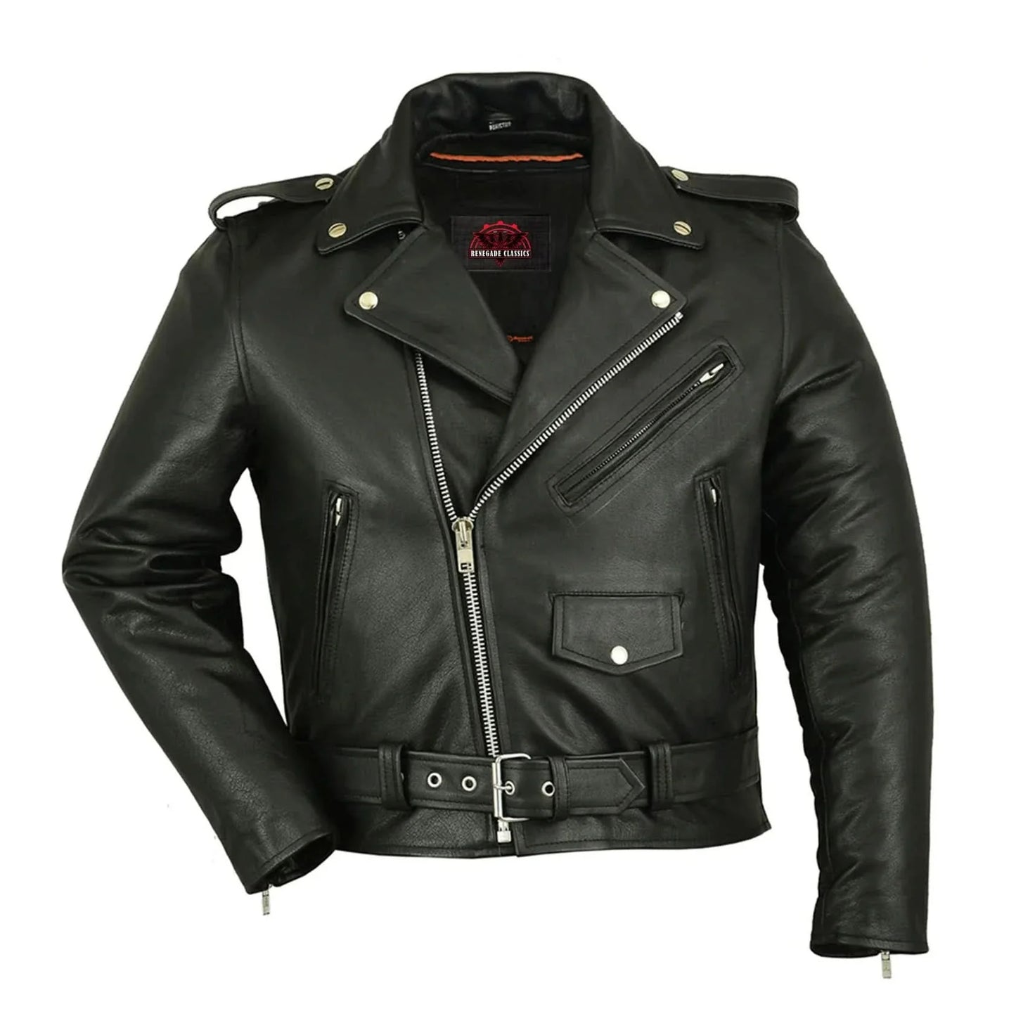 Men's Classic Plain Side Police Style Motorcycle Jacket - Black