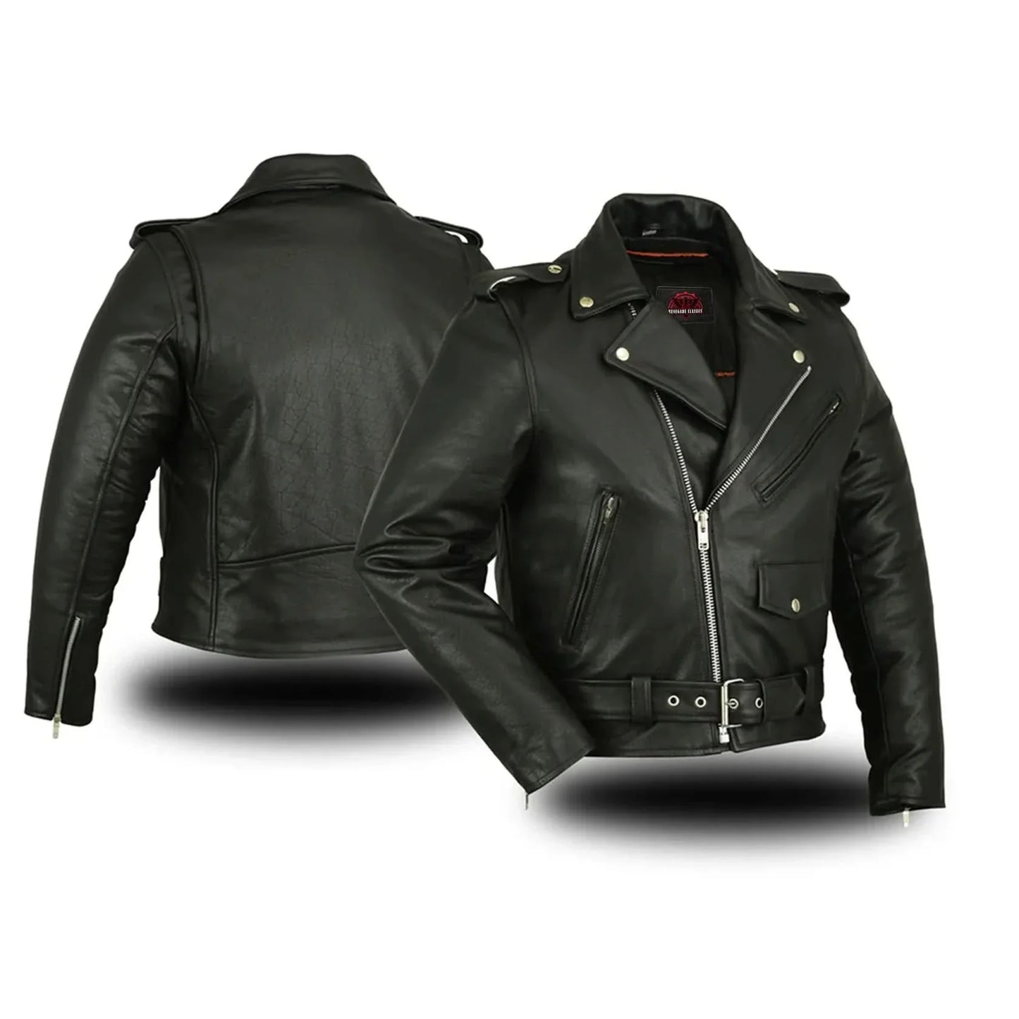 Men's Classic Plain Side Police Style Motorcycle Jacket - Black