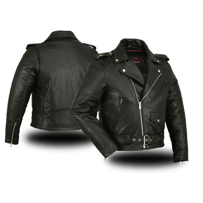 Men's Classic Plain Side Police Style Motorcycle Jacket - Black
