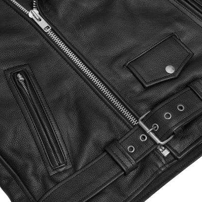 Men's Classic Plain Side Police Style Motorcycle Jacket - Black - view 8