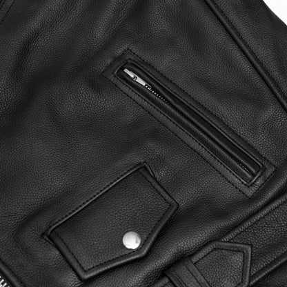 Men's Classic Plain Side Police Style Motorcycle Jacket - Black - view 9