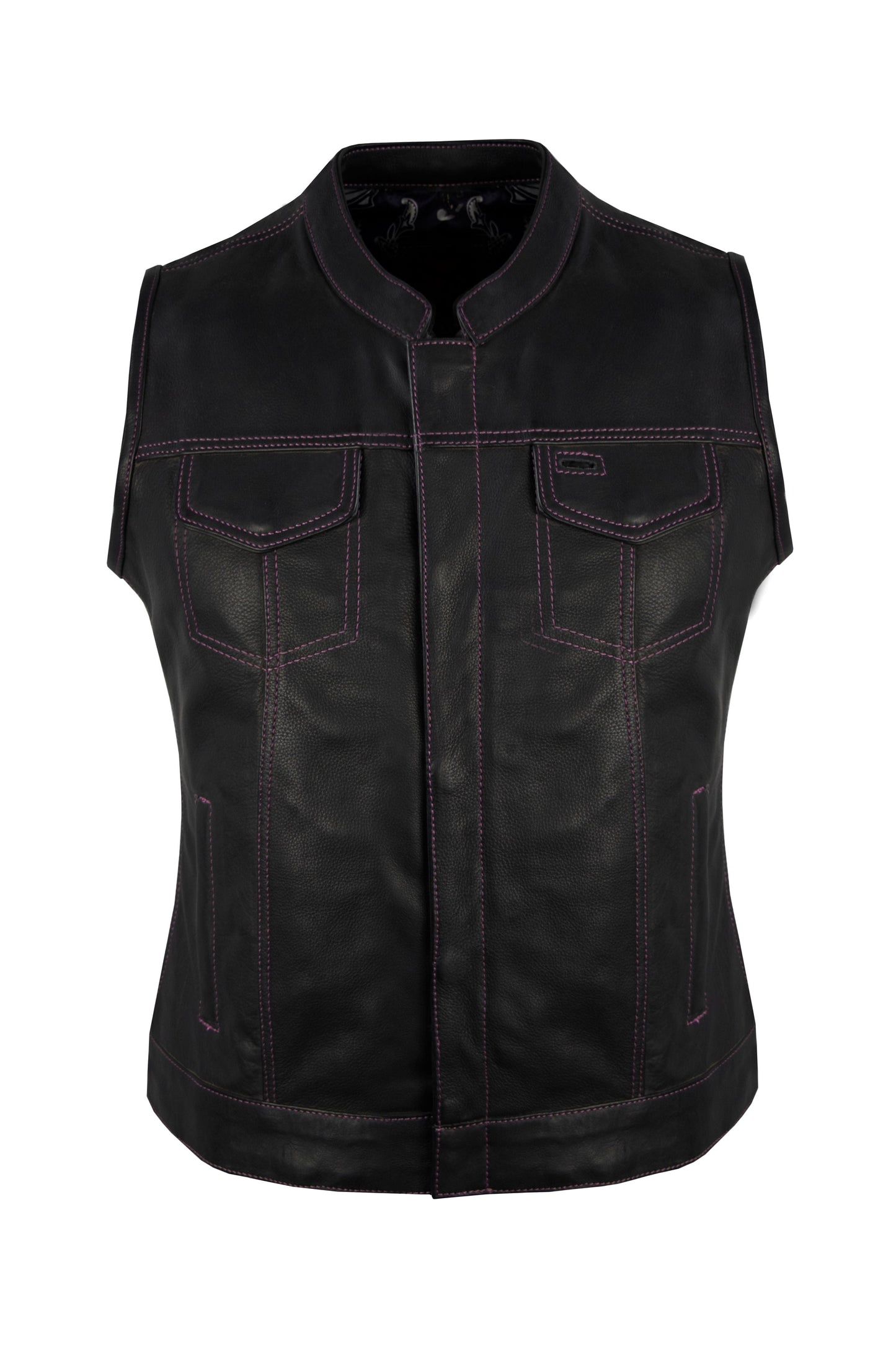 Ladies Motorcycle Leather CLUB VEST Premium Cowhide Leather Purple Thread, Purple Paisley Lining
