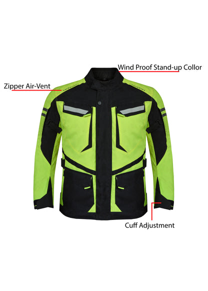 Dream Apparel Mens Motorcycle jacket Hi Vis Neon Flourecent Color, Armored Protective Round Neck