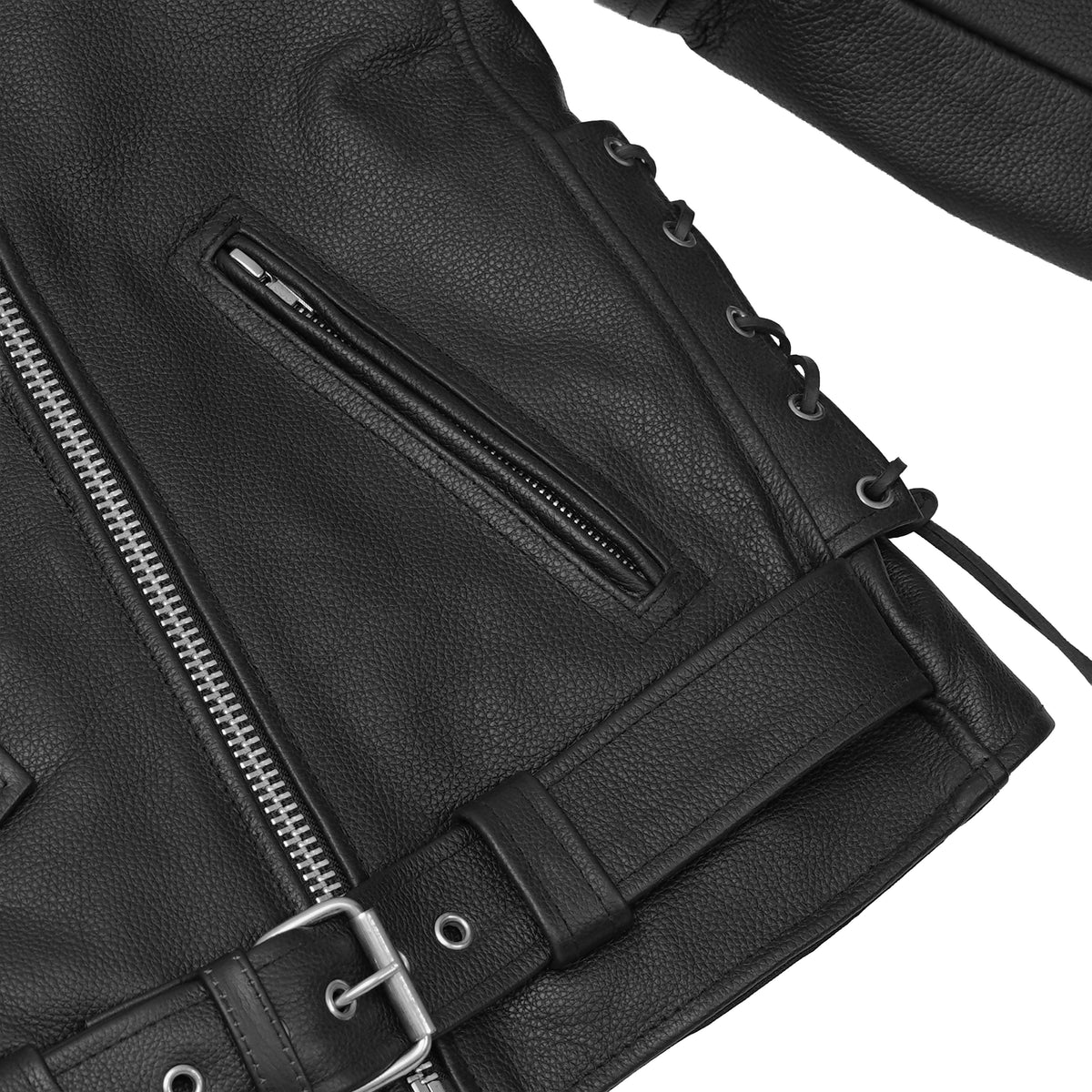 Men's Classic Side Lace Police Black Leather Motorcycle Jacket - view 10