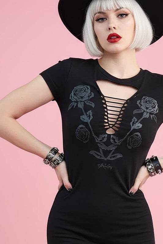 Blackout Rose Cutout Y'Allternative Gothic Cowgirl Mini Dress