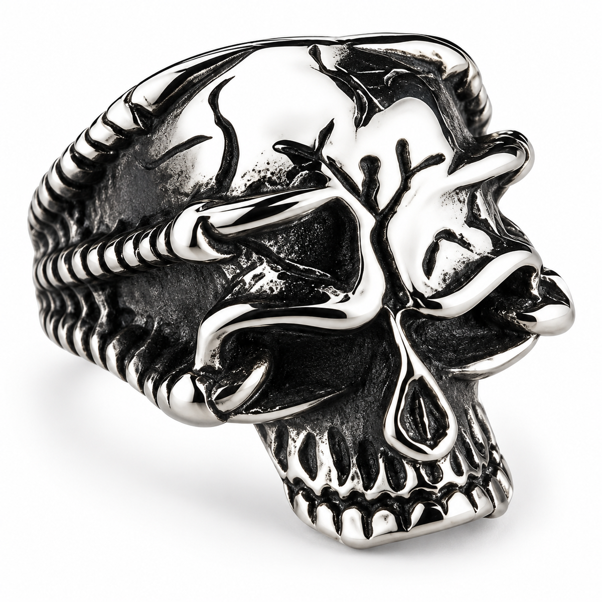 R149 Stainless Steel Broken Skull Face Skull Biker Ring