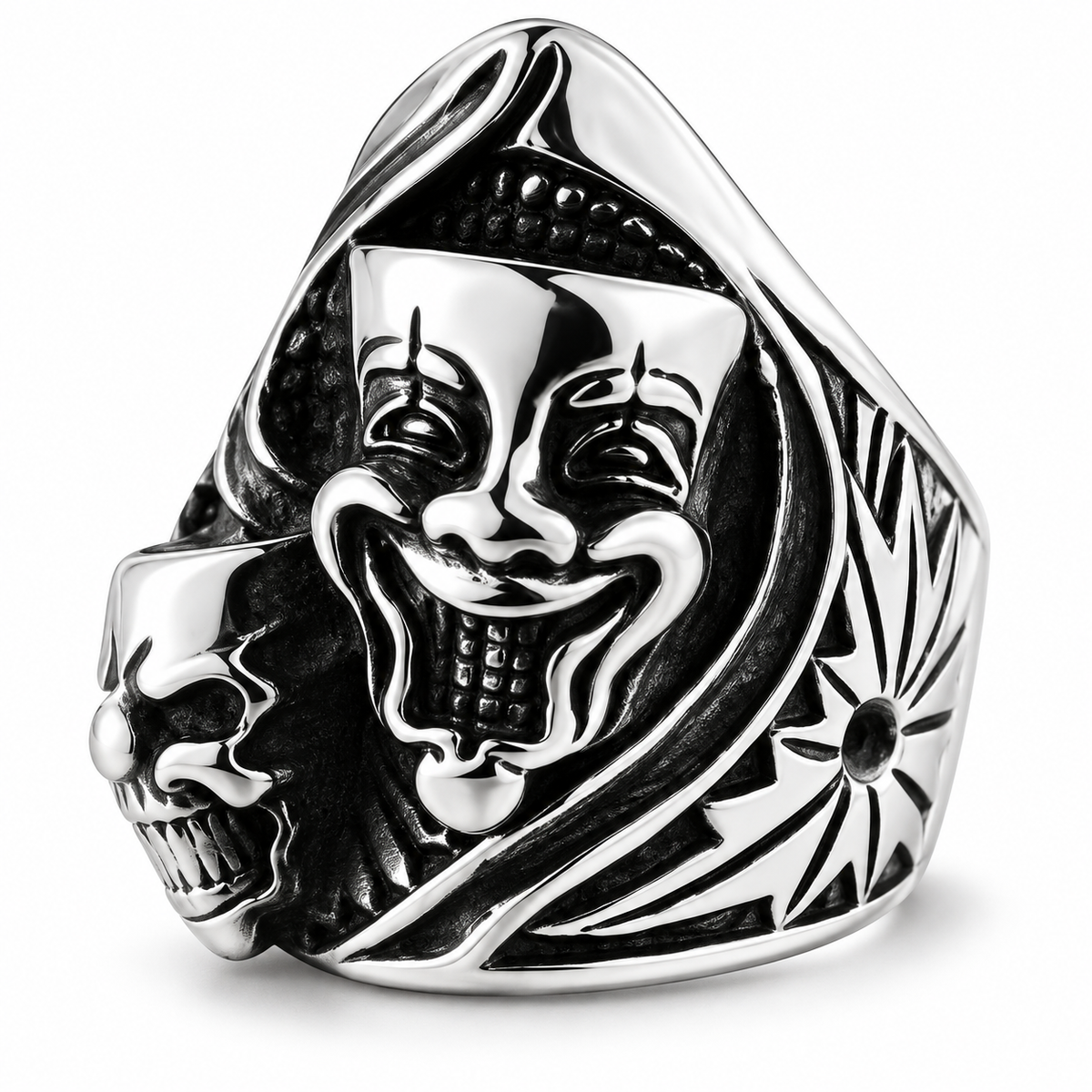 R158 Stainless Steel Joker Face Skull Biker Ring