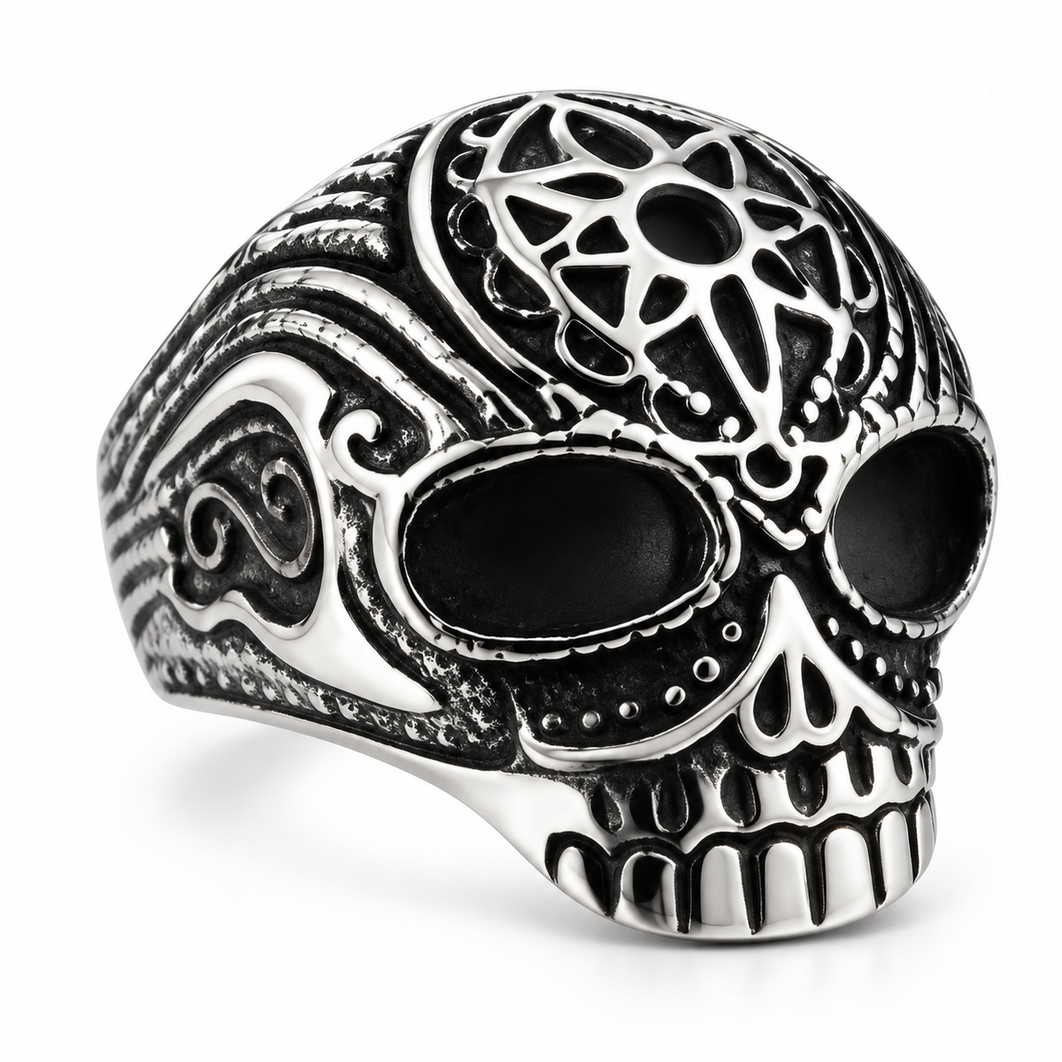 R186 Stainless Steel Flower Cane Skull Biker Ring